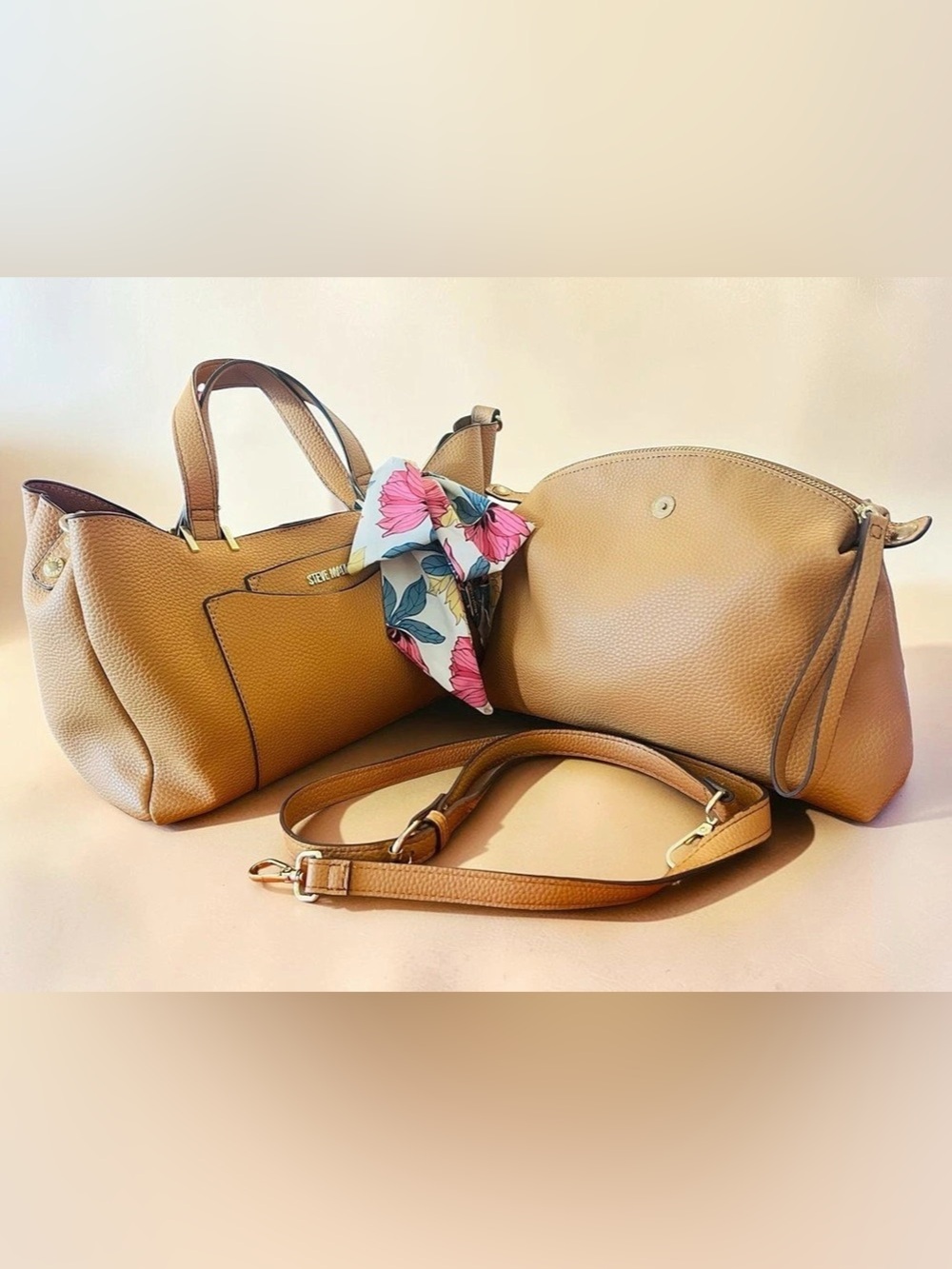 Steve Madden Tan Pebbled Bkarta Satchel & Crossbody 2-Piece Set with Floral Scar